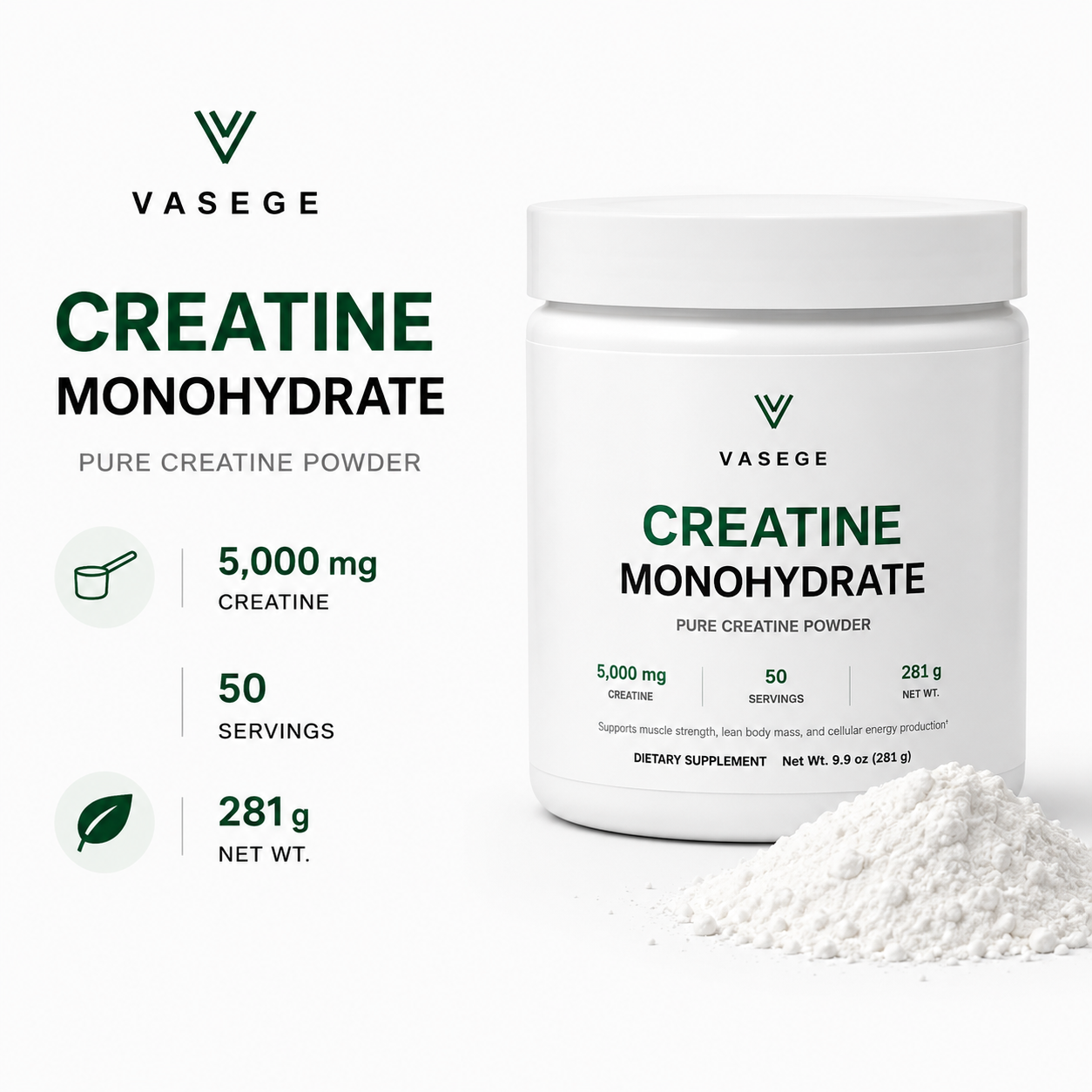 VASEGE Creatine Monohydrate powder – 5,000 mg per serving, 50 servings