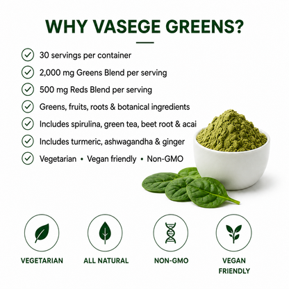VASEGE Greens Superfood – plant-based daily greens powder features