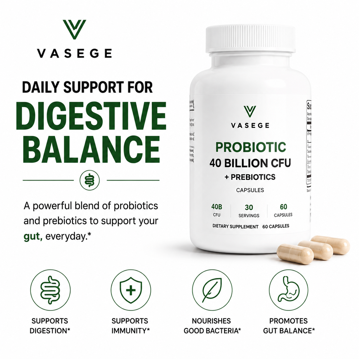 VASEGE Probiotic 40 Billion CFU with prebiotics for digestive balance