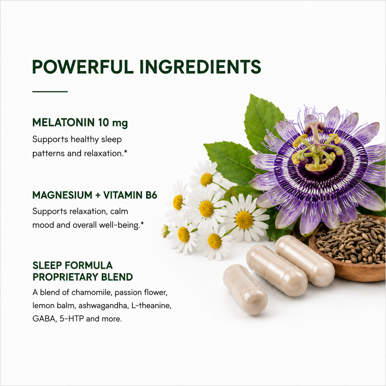 Melatonin sleep supplement with magnesium, vitamin B6 and botanical ingredients