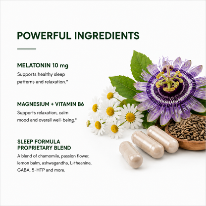 Melatonin sleep supplement with magnesium, vitamin B6 and botanical ingredients