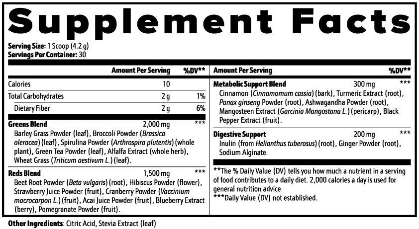 VASEGE Daily Greens Superfood Supplement Facts – greens and digestive support blends