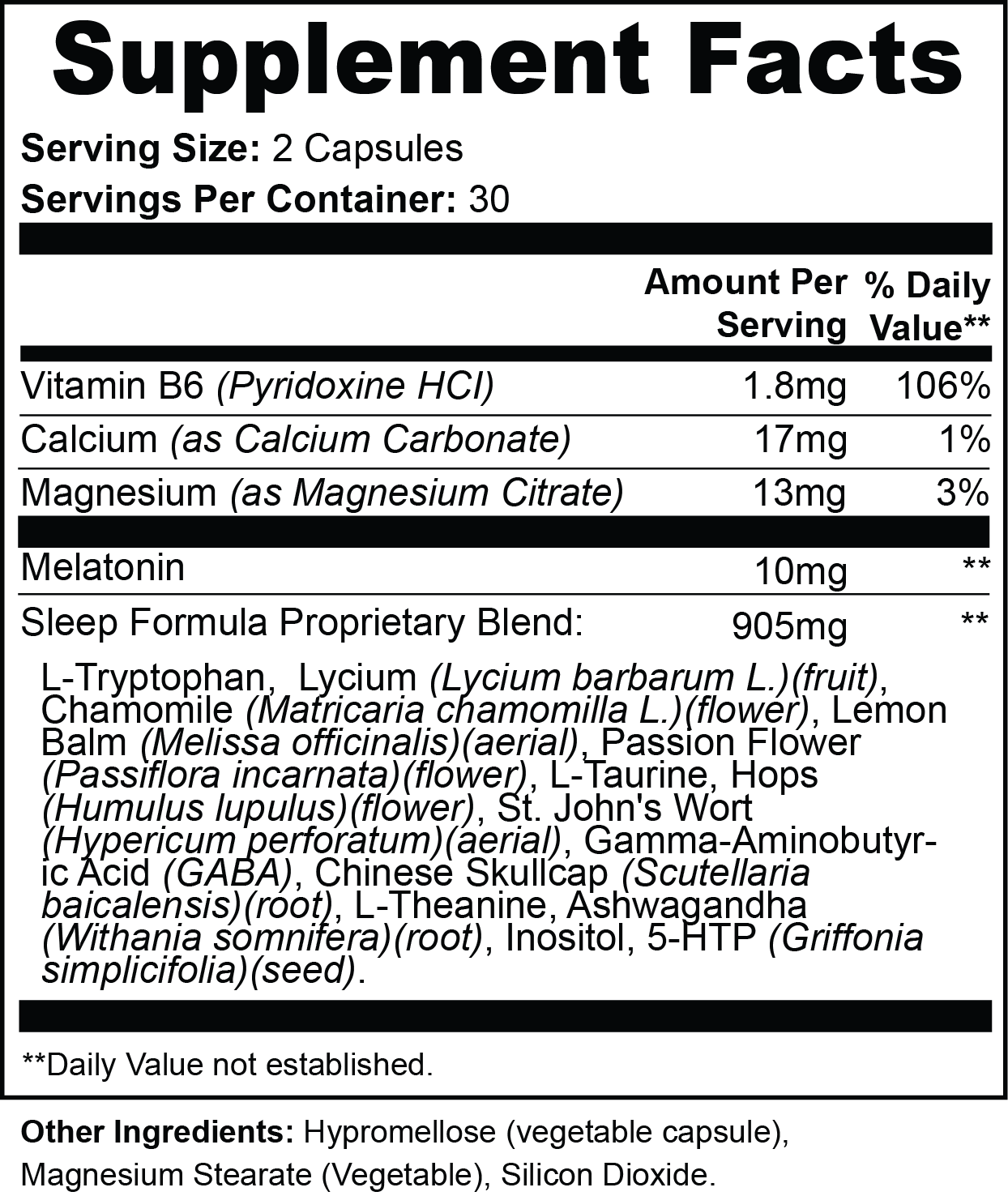 VASEGE Sleep Support Supplement Facts – 10 mg melatonin per serving