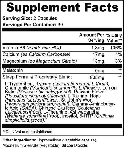 VASEGE Sleep Support Supplement Facts – 10 mg melatonin per serving